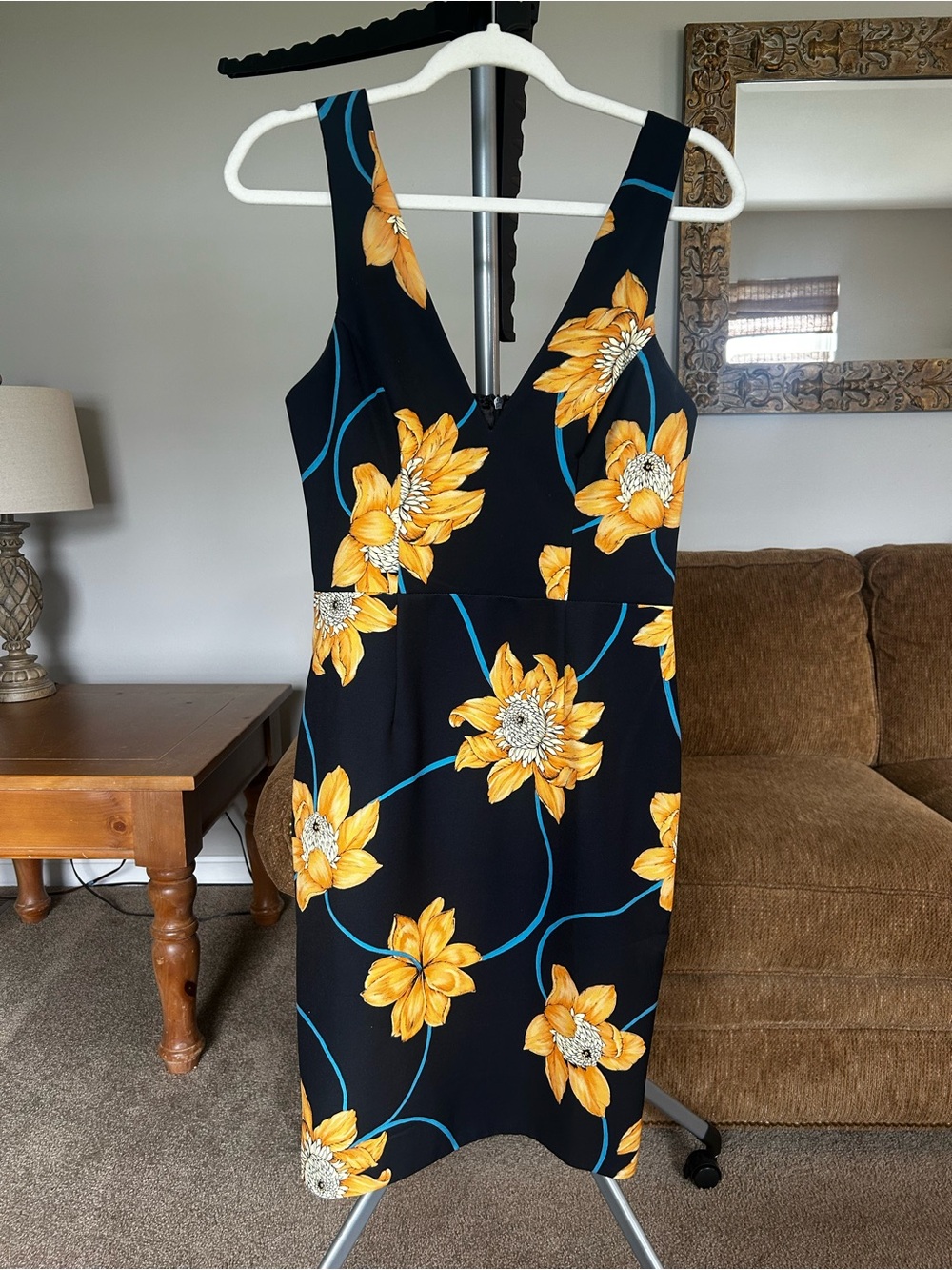Shilla V-Neck Navy Dress with Yellow Floral Print